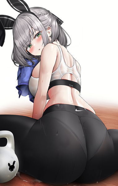 Anime picture 2500x3945 with virtual youtuber hololive nike shirogane noel kuse (0201) single tall image looking at viewer blush fringe highres short hair breasts open mouth light erotic simple background large breasts green eyes animal ears silver hair