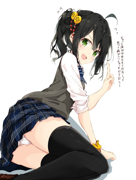 Anime picture 700x925 with original kurottari single tall image looking at viewer blush fringe short hair open mouth light erotic black hair simple background smile hair between eyes white background green eyes ahoge pleated skirt pantyshot text