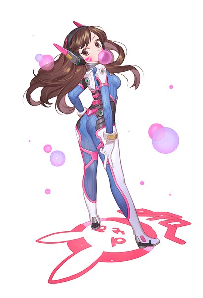 Anime picture 1000x1464 with overwatch blizzard entertainment d.va (overwatch) gwayo single long hair tall image simple background standing white background brown eyes looking away full body hand on hip facial mark victory whisker markings girl headphones bodysuit