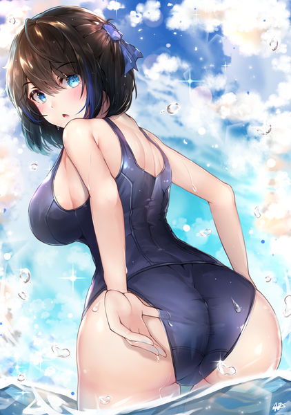 Anime picture 1764x2508 with original hiromaster sinta jh single tall image looking at viewer blush fringe highres short hair breasts open mouth blue eyes light erotic black hair hair between eyes large breasts standing signed sky cloud (clouds)