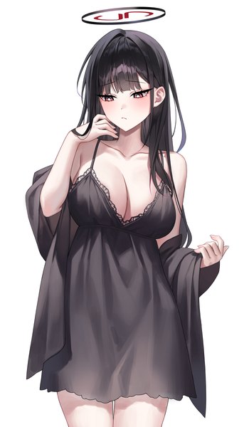 Anime picture 3500x6000 with blue archive rio (blue archive) raki kr single long hair tall image blush fringe highres breasts light erotic black hair simple background red eyes large breasts standing white background looking away absurdres cleavage