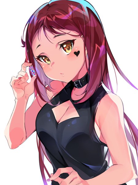 Anime picture 1200x1600 with love live! sunshine!! sunrise (studio) love live! sakurauchi riko tem10 single long hair tall image looking at viewer simple background white background bare shoulders yellow eyes cleavage upper body red hair nail polish sleeveless facial mark cleavage cutout