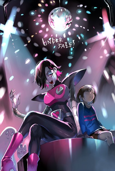 Anime picture 641x952 with undertale frisk (undertale) mettaton (undertale) napstablook (undertale) burgerpants (undertale) kyouichi tall image fringe short hair open mouth black hair smile brown hair sitting eyes closed hair over one eye sweat copyright name crossed legs ghost