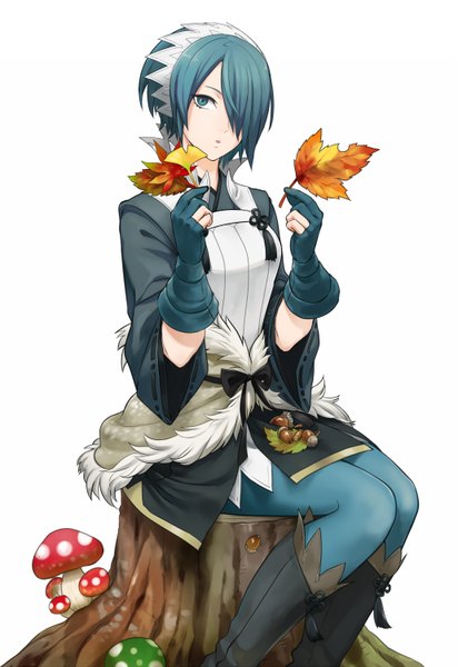 Anime picture 1032x1500 with fire emblem fire emblem fates setsuna (fire emblem if) mikami single tall image looking at viewer fringe short hair blue eyes simple background white background sitting blue hair hair over one eye girl gloves pantyhose headdress leaf (leaves)
