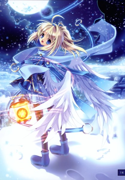 Anime picture 2433x3496 with capura lin single tall image highres blue eyes blonde hair ahoge girl wings moon lamp