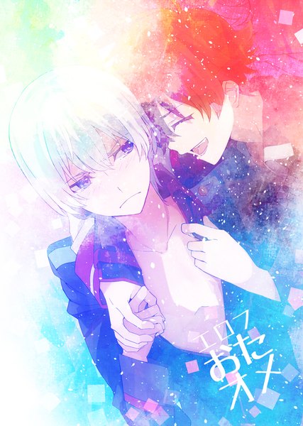 Anime-Bild 712x1000 mit kakumeiki valvrave sunrise (studio) l-elf karlstein tokishima haruto takerusilt tall image blush fringe short hair open mouth hair between eyes purple eyes looking away white hair red hair eyes closed profile open clothes multiple boys embarrassed