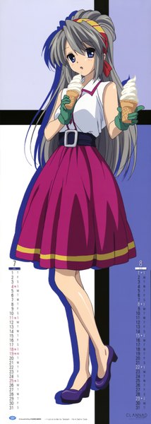 Anime picture 2515x7043 with clannad key (studio) sakagami tomoyo single long hair tall image blush highres open mouth blue eyes grey hair scan calendar 2010 girl skirt gloves food belt hairband sweets
