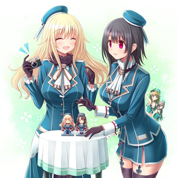 Anime picture 900x900 with kantai collection atago heavy cruiser takao heavy cruiser choukai heavy cruiser maya heavy cruiser rizuriri long hair looking at viewer blush fringe breasts open mouth blue eyes black hair simple background blonde hair smile hair between eyes red eyes brown hair