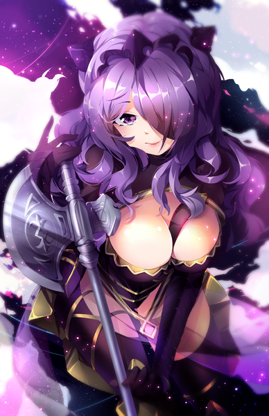 Anime picture 809x1250 with fire emblem fire emblem fates camilla (fire emblem) squchan single long hair tall image looking at viewer fringe breasts light erotic smile large breasts purple eyes holding looking away purple hair from above lips hair over one eye