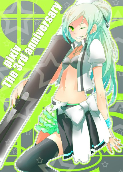 Anime picture 719x1000 with original pixiv-tan plastick long hair tall image smile green eyes ponytail one eye closed green hair wink midriff anniversary girl thighhighs skirt navel bow black thighhighs star (symbol)