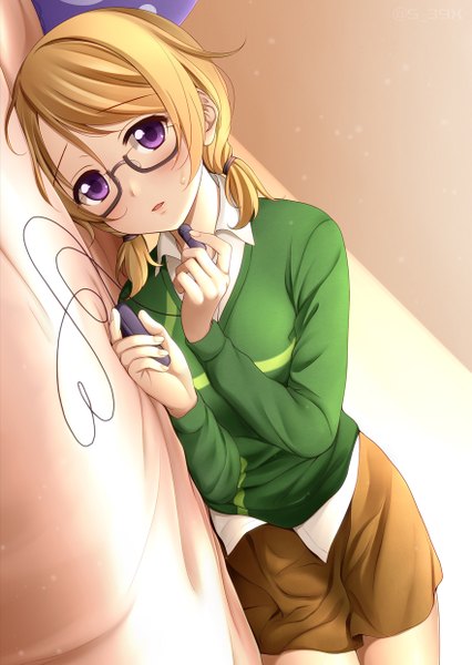 Anime picture 881x1240 with love live! school idol project sunrise (studio) love live! koizumi hanayo suzume miku single tall image blush fringe short hair open mouth light erotic blonde hair twintails purple eyes holding signed payot looking away indoors