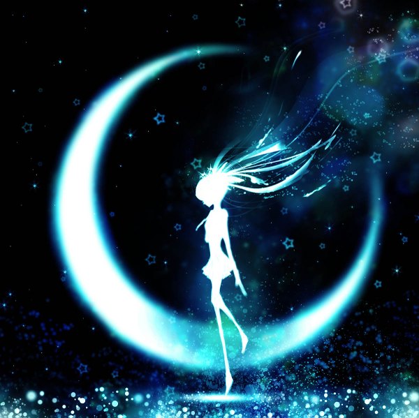 Anime picture 1200x1199 with vocaloid hatsune miku harada miyuki single long hair fringe profile night glowing crescent weightlessness girl skirt necktie star (symbol) moon star (stars)