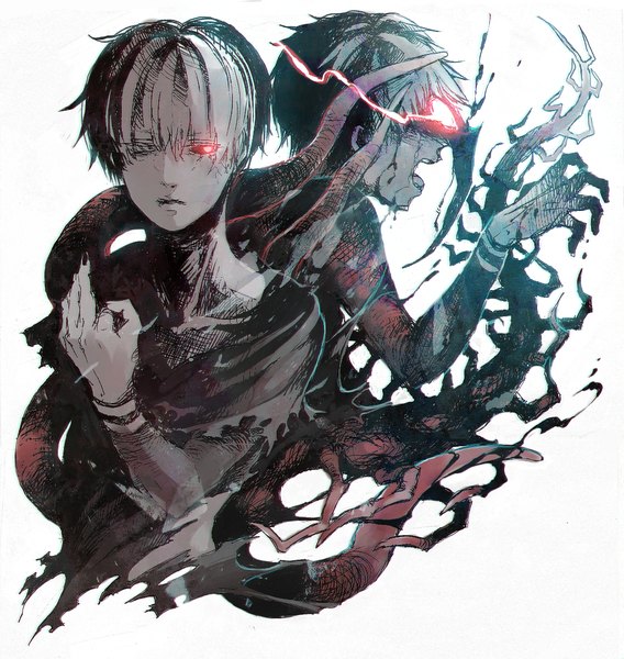 Anime picture 1000x1056 with tokyo ghoul studio pierrot kaneki ken yongkang tall image fringe short hair open mouth simple background red eyes white background looking away upper body nail polish profile fingernails teeth shadow torn clothes glowing
