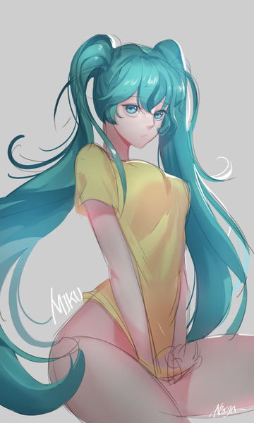 Anime picture 700x1167 with vocaloid hatsune miku abeja single tall image looking at viewer fringe light erotic simple background sitting twintails signed aqua eyes aqua hair grey background character names no panties covering girl t-shirt