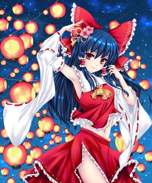 Anime picture 1000x1200 with touhou hakurei reimu fred0092 single long hair tall image looking at viewer red eyes blue hair armpit (armpits) midriff alternate eye color girl skirt navel hair ornament bow hair bow detached sleeves skirt set