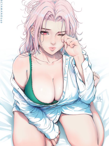 Anime picture 960x1280 with original chloe (sciamano240) sciamano240 single long hair tall image looking at viewer blush fringe breasts light erotic simple background large breasts white background sitting signed pink hair cleavage bent knee (knees) long sleeves