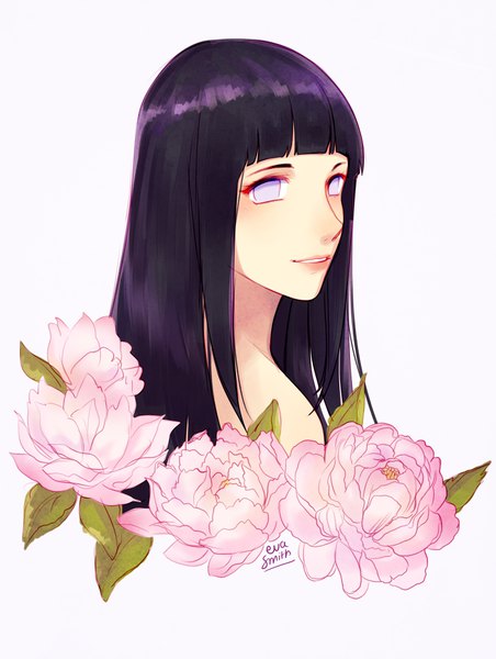 Anime picture 700x928 with naruto studio pierrot naruto (series) hyuuga hinata eva smith single long hair tall image looking at viewer fringe simple background white background purple eyes signed purple hair upper body blunt bangs light smile portrait girl