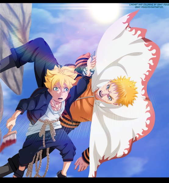 Anime picture 1625x1760 with naruto studio pierrot naruto (series) uzumaki naruto uzumaki boruto gray-dous tall image short hair open mouth blue eyes blonde hair sky cloud (clouds) sunlight coloring facial mark letterboxed whisker markings jinchuriki hokage