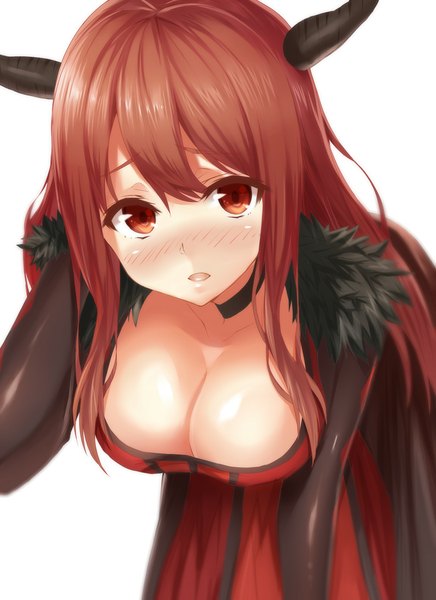 Anime picture 800x1100 with maoyuu maou yuusha arms corporation maou (maoyuu) heirou single long hair tall image looking at viewer blush breasts light erotic simple background red eyes large breasts cleavage red hair horn (horns) girl choker
