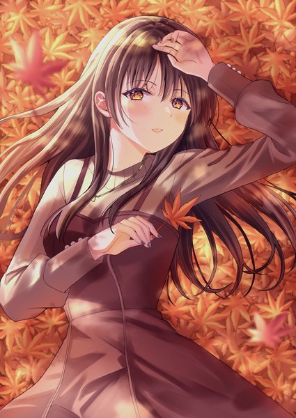 Anime picture 1000x1412 with original pechi (peeechika) single long hair tall image looking at viewer blush brown hair holding brown eyes lying nail polish on back hand on hip autumn girl dress leaf (leaves) autumn leaves maple leaf