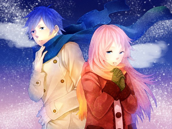 Anime picture 1075x806 with vocaloid megurine luka kaito (vocaloid) momoiro oji long hair blush short hair blue eyes pink hair couple steam praying girl boy gloves scarf coat winter clothes