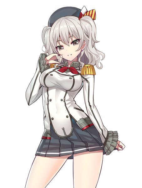 Anime picture 900x1188 with kantai collection kashima training cruiser ririko (zhuoyandesailaer) single tall image looking at viewer fringe short hair breasts simple background smile hair between eyes standing white background twintails silver hair long sleeves parted lips pleated skirt grey eyes