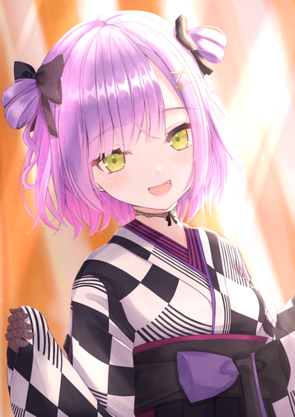 Anime picture 827x1169 with virtual youtuber hololive tokoyami towa tokoyami towa (2nd costume) sakura yunuto single tall image looking at viewer fringe short hair open mouth green eyes purple hair upper body traditional clothes :d japanese clothes hair bun (hair buns) fang (fangs) official alternate costume
