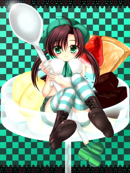 Anime picture 1200x1600 with original asazuki kanai single long hair tall image looking at viewer blush smile brown hair twintails green eyes full body girl thighhighs boots beret striped thighhighs fruit spoon