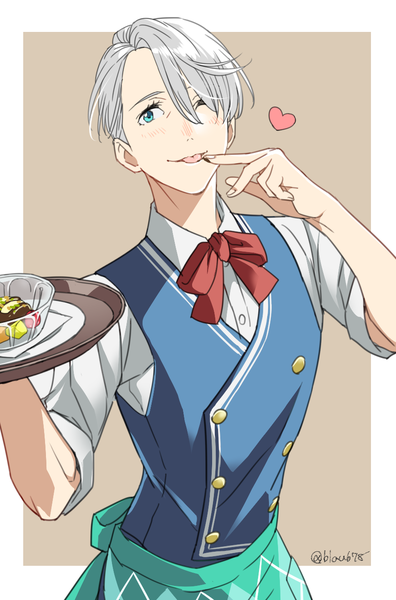 Anime picture 870x1316 with yuri!!! on ice mappa viktor nikiforov natsuko (bluecandy) single tall image blush fringe short hair blue eyes simple background silver hair upper body one eye closed from above wink hair over one eye finger to mouth brown background waiter