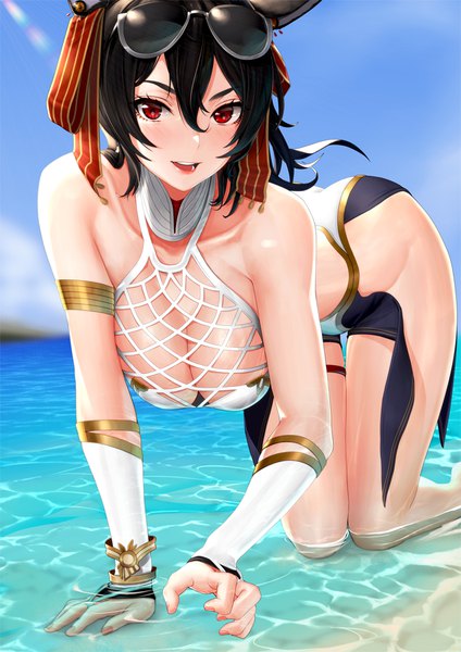Anime picture 636x900 with granblue fantasy ilsa (granblue fantasy) simuka (kazakami) single long hair tall image looking at viewer blush fringe open mouth light erotic black hair smile hair between eyes red eyes animal ears payot sky outdoors ass