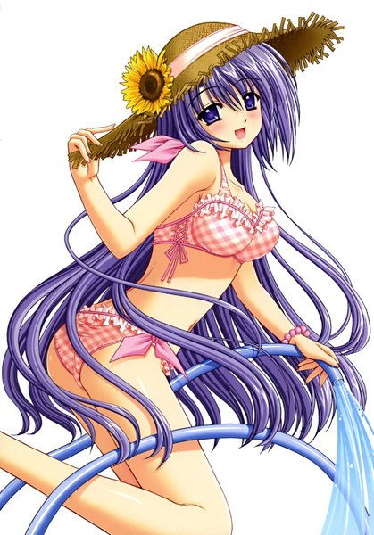 Anime picture 1047x1500 with nishimata aoi tall image open mouth light erotic purple eyes purple hair very long hair flower (flowers) swimsuit hat bikini water straw hat