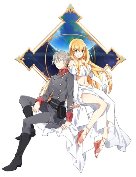 Anime picture 1200x1557 with aldnoah.zero a-1 pictures slaine troyard asseylum vers allusia isf long hair tall image fringe short hair simple background blonde hair smile white background sitting bare shoulders green eyes eyes closed grey hair bare belly bare legs