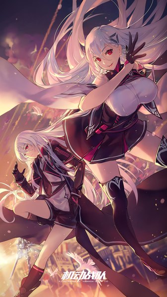 Anime picture 1243x2211 with iron saga criin long hair tall image looking at viewer fringe breasts smile hair between eyes red eyes large breasts signed sky bent knee (knees) white hair long sleeves very long hair wind shadow depth of field