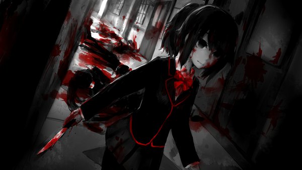 Аниме картинка 1920x1080 с yandere simulator yandere-chan kojin высокое разрешение короткие волосы лёгкая эротика чёрные волосы широкое изображение причёска конский хвост в помещении чёрные глаза обои на рабочий стол тёмный фон бледная кожа идёт кровь на лице кровь на одежде кровавые пятна кровь на оружии смерть