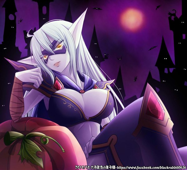 Anime picture 1074x974 with dota 2 (game) templar assasin (dota 2) blackrabbit0626 single long hair looking at viewer fringe breasts light erotic large breasts yellow eyes white hair lips pointy ears girl mask vegetables pumpkin