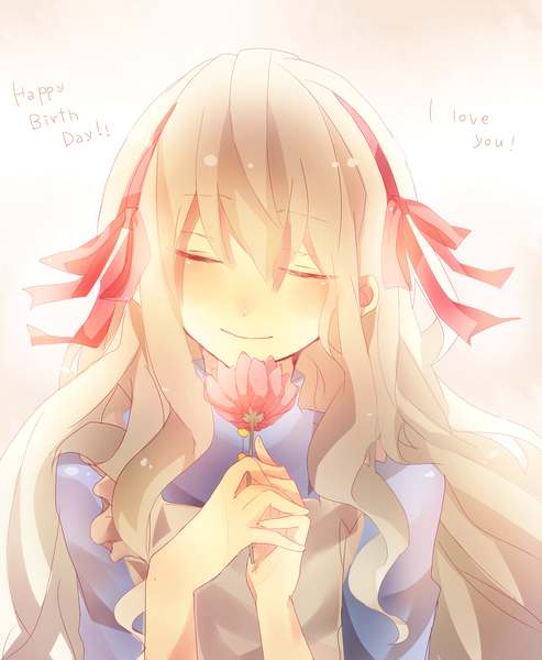 Anime picture 1000x1215 with kagerou project shaft (studio) mary (kagerou project) hinako0812 single long hair tall image blush simple background blonde hair white hair eyes closed multicolored hair light smile inscription two-tone hair happy birthday girl flower (flowers) ribbon (ribbons)