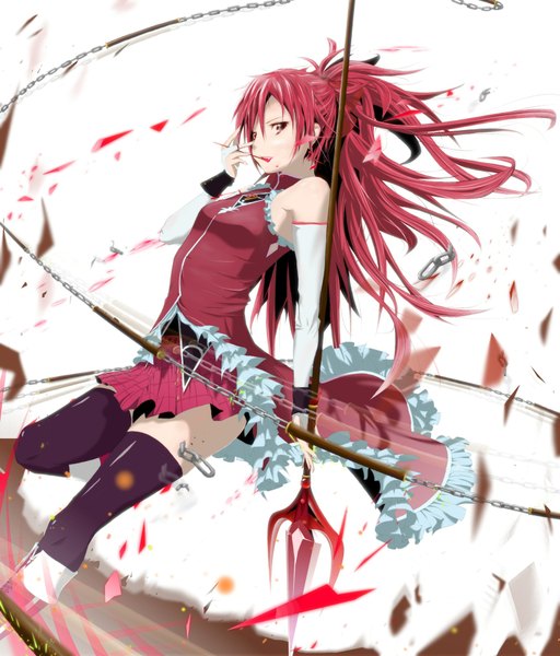 Anime picture 1600x1876 with mahou shoujo madoka magica shaft (studio) sakura kyouko donbee (artist) single long hair tall image red eyes bare shoulders red hair destruction girl thighhighs skirt sweets chain pocky trident