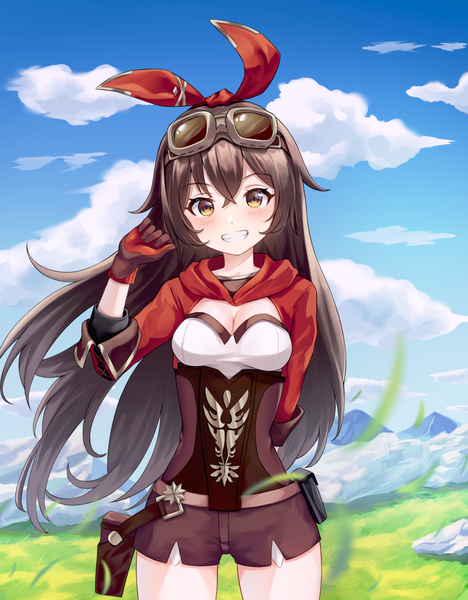 Anime-Bild 1050x1347 mit genshin impact amber (genshin impact) shands single long hair tall image looking at viewer blush fringe smile hair between eyes brown hair standing yellow eyes sky cleavage cloud (clouds) grin mountain goggles on head