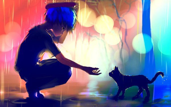 Anime picture 1717x1080 with original kayas highres short hair blue eyes signed blue hair rain squat covering girl animal cat