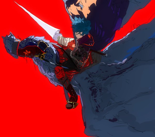 Anime picture 1300x1150 with original uinti single short hair blue eyes simple background blue hair flying red background boy weapon cape dragon