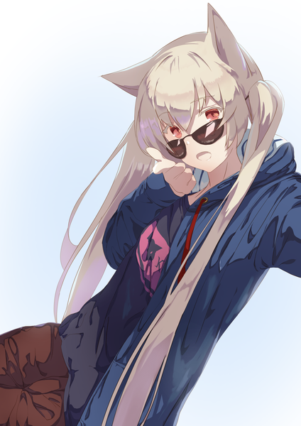 Anime picture 1447x2047 with original mikisai single long hair tall image looking at viewer fringe open mouth simple background hair between eyes red eyes sitting twintails animal ears payot silver hair long sleeves head tilt open jacket :o