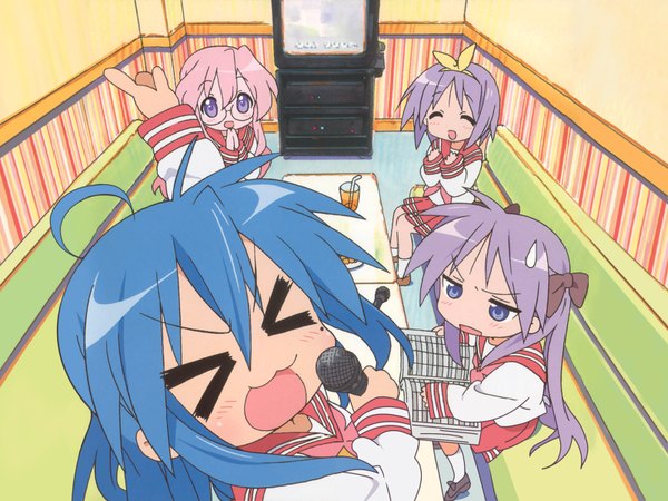 Anime picture 1600x1200 with lucky star kyoto animation izumi konata hiiragi kagami hiiragi tsukasa takara miyuki highres multiple girls sweatdrop > < karaoke girl 4 girls