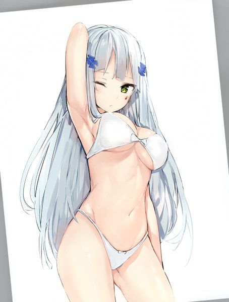 Anime picture 2000x2640 with girls frontline hk416 (girls frontline) silver (chenwen) single long hair tall image looking at viewer blush fringe highres breasts light erotic simple background large breasts white background yellow eyes silver hair upper body one eye closed facial mark