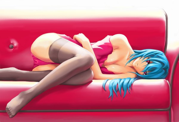 Anime picture 1400x953 with original xawliet single long hair breasts light erotic blue hair lying pink eyes legs girl thighhighs underwear panties black thighhighs couch
