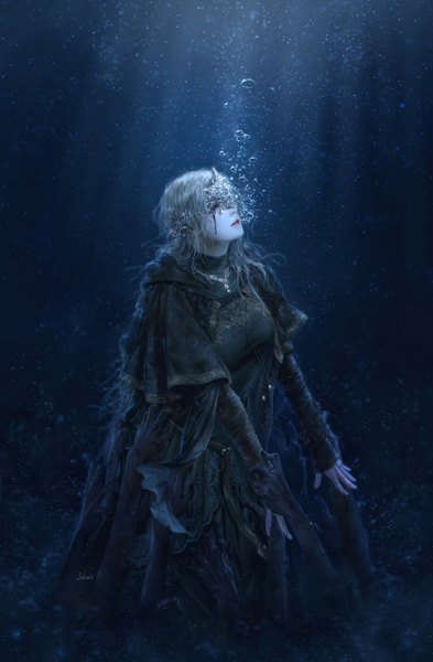 Anime picture 2296x3500 with dark souls (series) dark souls 3 from software fire keeper jdori single long hair tall image highres breasts blue eyes standing signed silver hair parted lips profile lips black eyes sunlight realistic