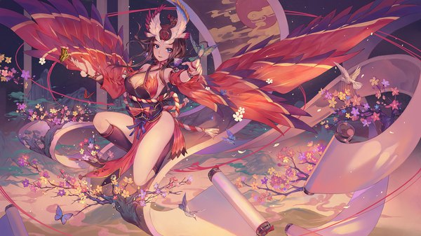 Anime picture 1920x1080 with onmyoji momo (onmyoji) criin single long hair looking at viewer highres breasts blue eyes light erotic brown hair wide image large breasts payot traditional clothes japanese clothes fingernails wallpaper long fingernails girl