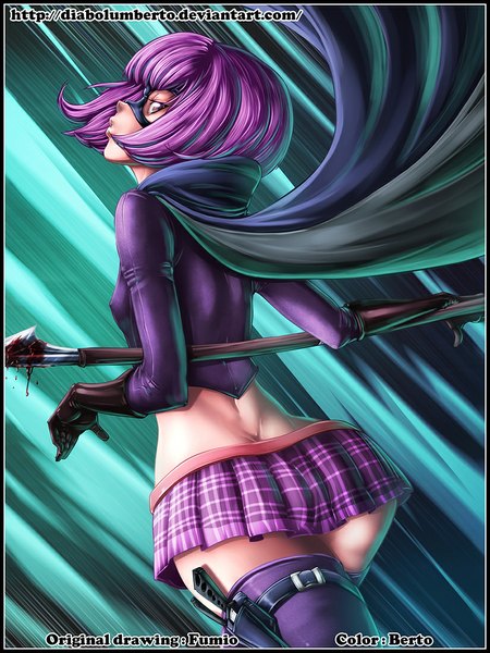 Anime picture 825x1100 with kick-ass hit-girl diabolumberto single tall image short hair light erotic purple eyes purple hair profile pleated skirt looking back coloring girl thighhighs skirt gloves weapon black gloves blood