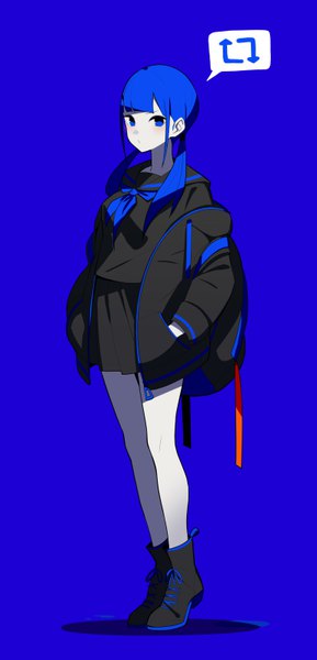 Anime picture 3071x6367 with original fami (yellow skies) single long hair tall image looking at viewer blush fringe highres blue eyes simple background twintails payot blue hair absurdres full body blunt bangs open jacket low twintails blue background