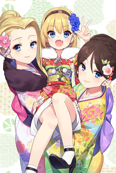 Anime picture 700x1036 with girls und panzer katyusha (girls und panzer) nonna (girls und panzer) clara (girls und panzer) ssberit tall image looking at viewer fringe short hair open mouth blue eyes blonde hair smile brown hair multiple girls bent knee (knees) blunt bangs braid (braids) traditional clothes :d