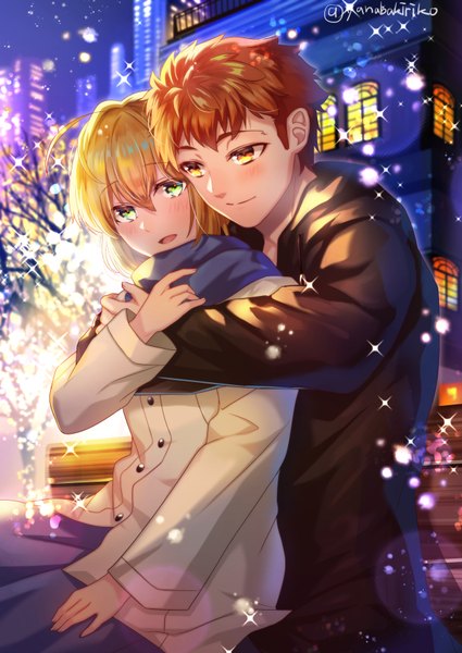 Anime picture 627x885 with fate (series) fate/stay night artoria pendragon (all) saber emiya shirou yanagiba kiriko tall image blush fringe open mouth blonde hair smile hair between eyes brown hair sitting green eyes signed yellow eyes outdoors head tilt